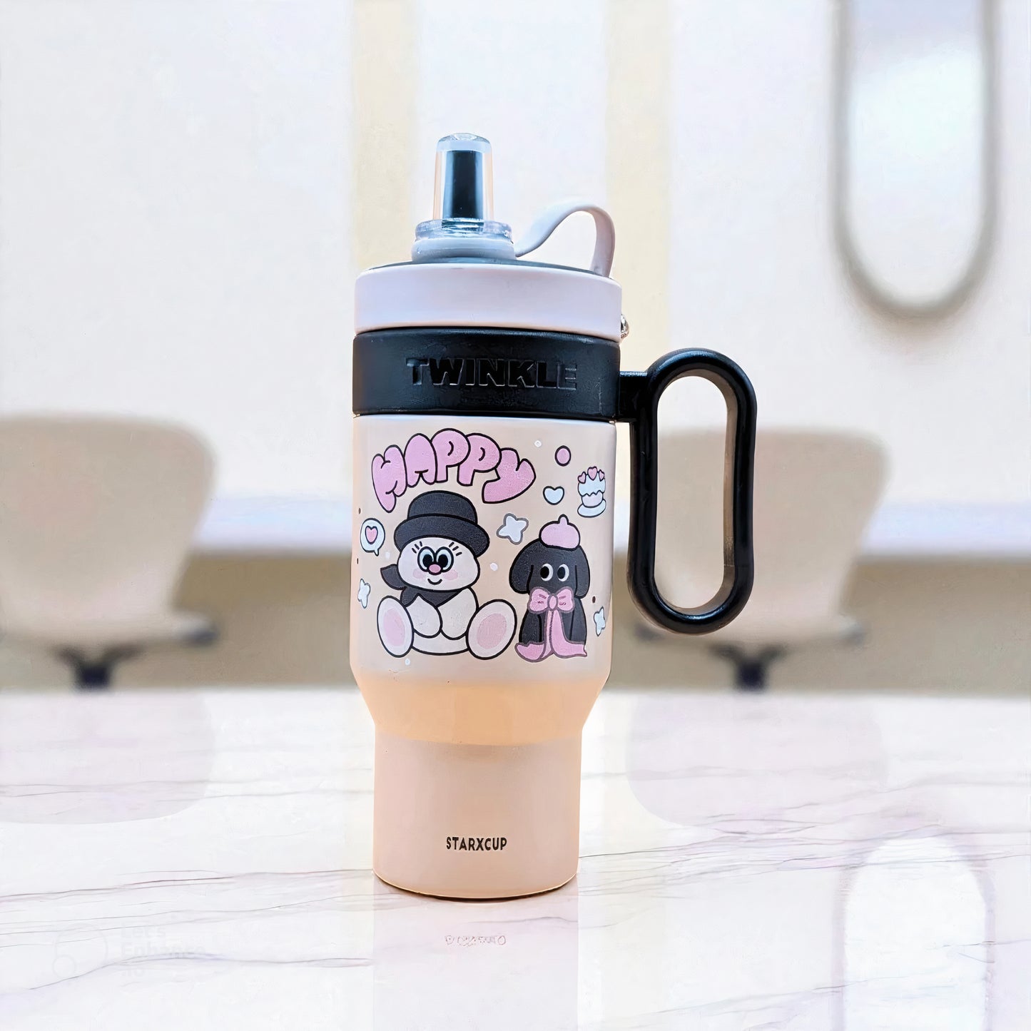 BUBBLINO BLACK TEDDY BLACK TUMBLER – 850ML CUTE CARTOON STAINLESS STEEL CUP WITH HANDLE & STRAW