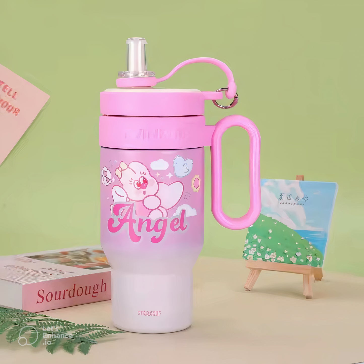 BUBBLINO PINK TEDDY TUMBLER – 850ML CUTE CARTOON STAINLESS STEEL CUP WITH HANDLE & STRAW