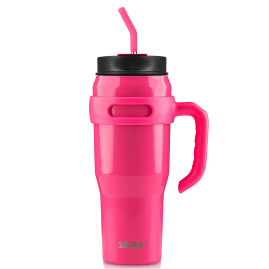 HOT PINK TUMBLER WITH HANDLE AND LID STRAWS, STAINLESS STEEL