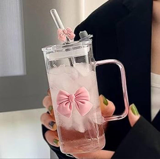 POOKIE BOW GLASS CUP - 500ML AESTHETIC TUMBLER WITH STRAW & LID