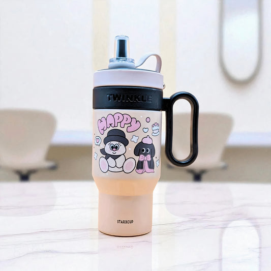 BUBBLINO BLACK TEDDY  BLACK TUMBLER – 850ML CUTE CARTOON STAINLESS STEEL CUP WITH HANDLE & STRAW