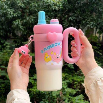 NEW PINK CARTOON TUMBLER 850-ML LARGE CAPACITY | STAINLESS STEEL INSULATED CUP WITH HANDLE AND STRAW
