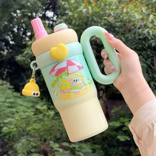 NEW YELLOW CARTOON TUMBLER 850-ML LARGE CAPACITY | STAINLESS STEEL INSULATED CUP WITH HANDLE AND STRAW