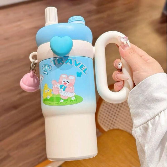 NEW BLUE CARTOON TUMBLER 850-ML LARGE CAPACITY | STAINLESS STEEL INSULATED CUP WITH HANDLE AND STRAW