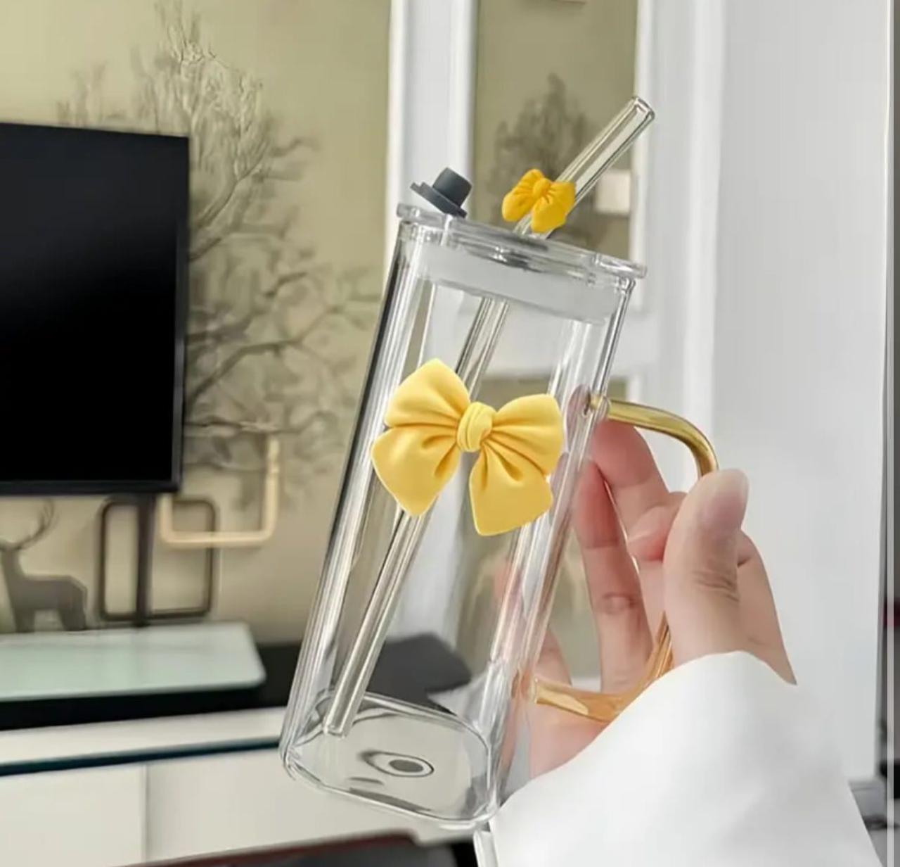 POOKIE BOW GLASS CUP - 500ML AESTHETIC TUMBLER WITH STRAW & LID