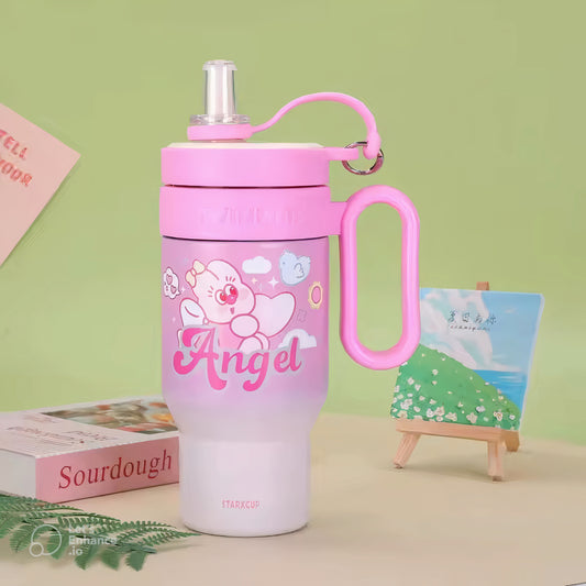 BUBBLINO PINK TEDDY TUMBLER – 850ML CUTE CARTOON STAINLESS STEEL CUP WITH HANDLE & STRAW