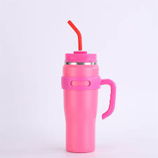 HOT PINK TUMBLER WITH HANDLE AND LID STRAWS, STAINLESS STEEL