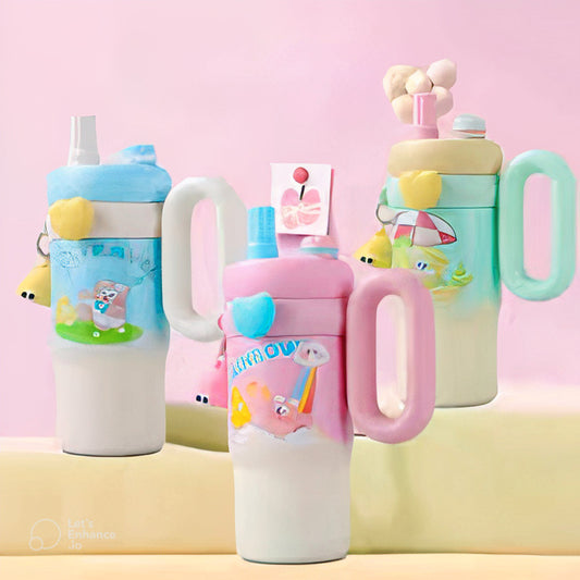NEW PINK CARTOON TUMBLER 850-ML LARGE CAPACITY | STAINLESS STEEL INSULATED CUP WITH HANDLE AND STRAW